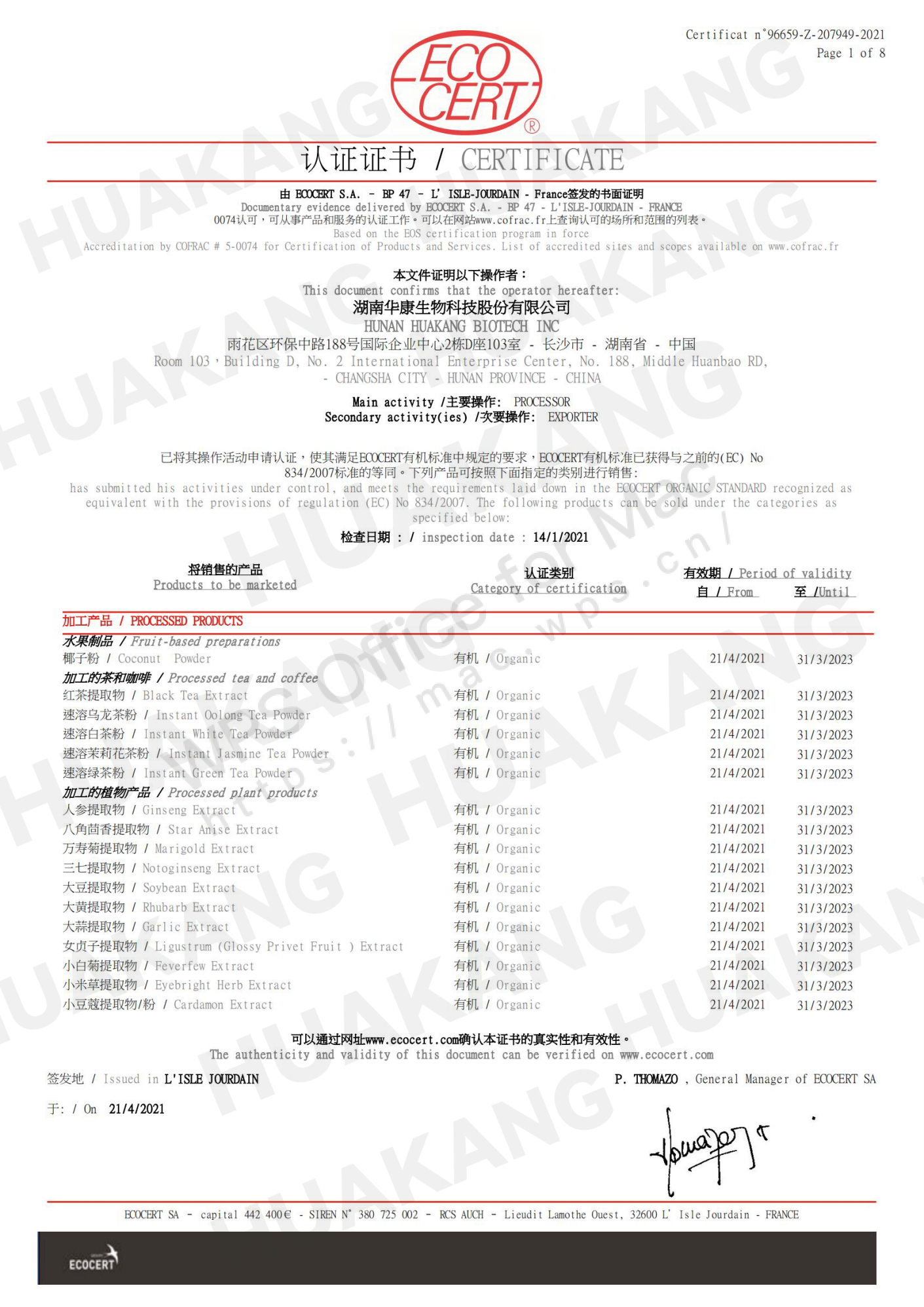 CERTIFICADO ORGÁNICO EOS -HUNAN HUAKANG BIOTECH INC.,_00